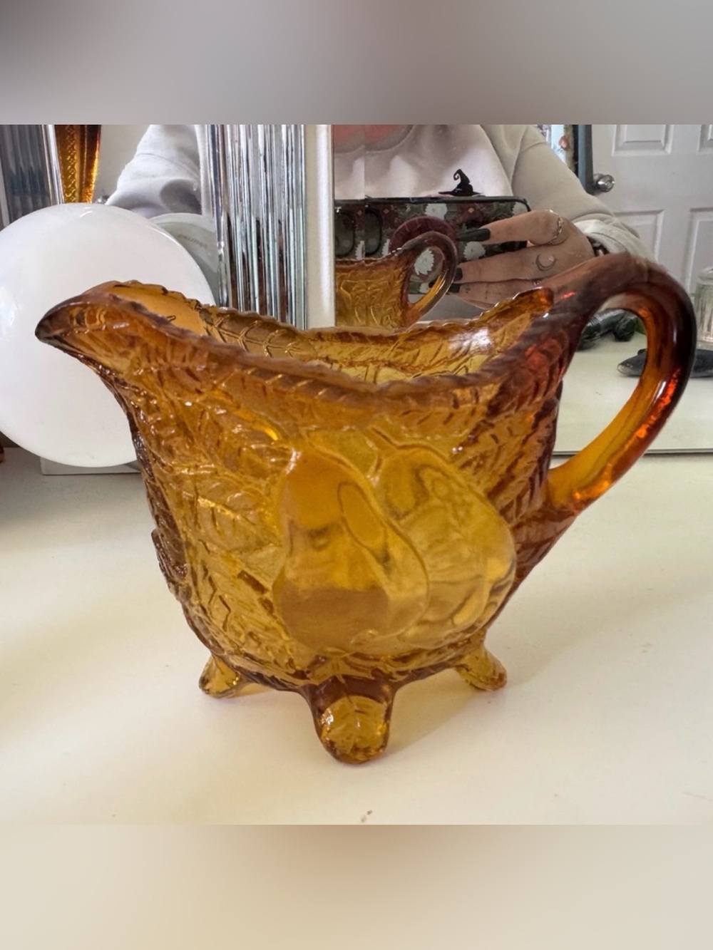 Vintage Tiara Indiana Glass Sweet Pear Burnt Honey Footed Creamer